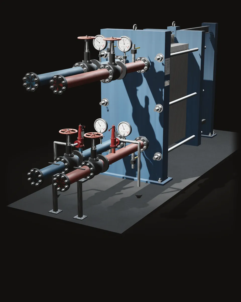 Plate and frame heat exchanger with its hot and cold piping