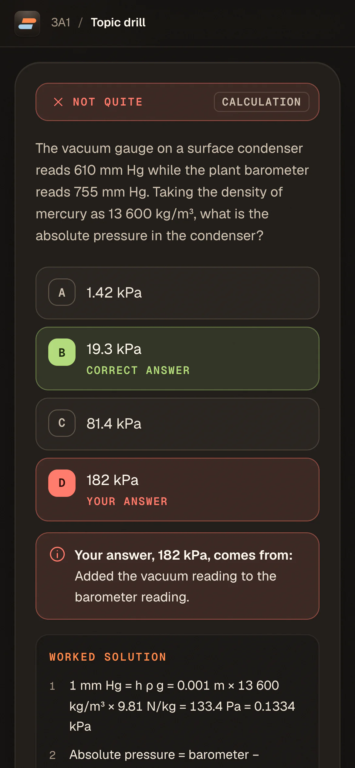 A topic drill on a phone, naming the mistake behind a wrong answer