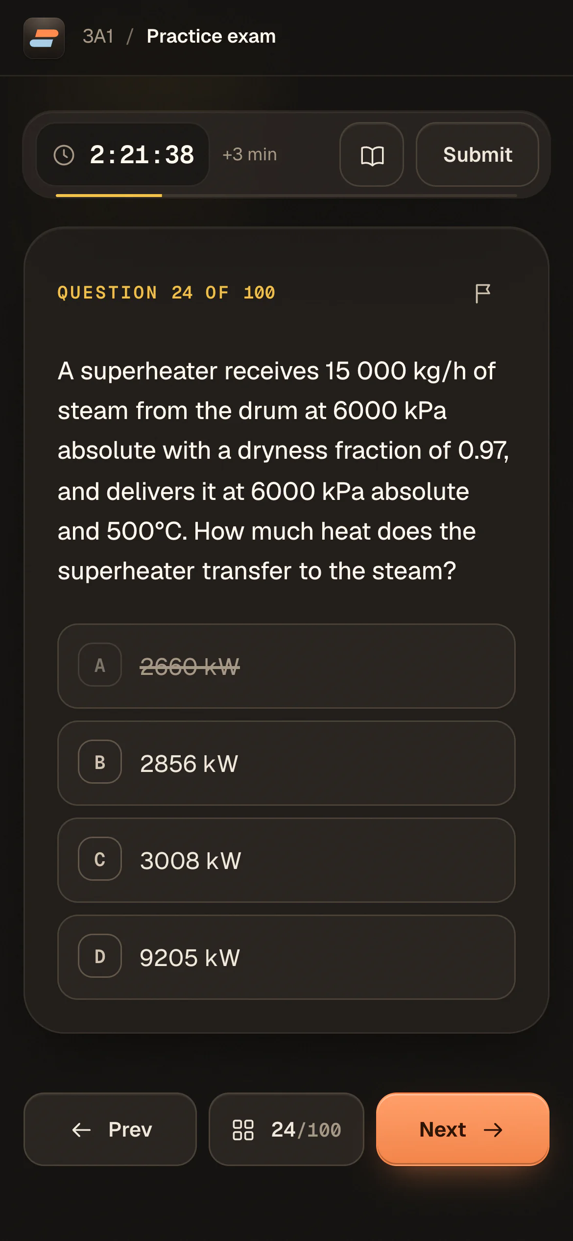 A timed practice exam on a phone